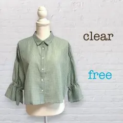 クリア/フレアスリーブ長袖ブラウス/ギンガムチェック/キャンディースリーブ/美品のサムネイル