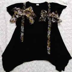 axesfemme 花柄シフォンリボン付き フレア袖 黒トップス Mのサムネイル
