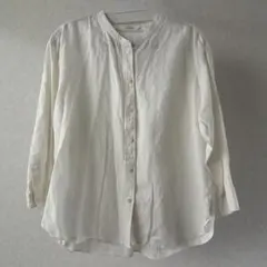 L ユニクロ リネンブレンドバンドカラーシャツ 七分袖 オフホワイト