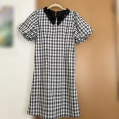 白黒チェック 半袖ワンピース レース襟付き