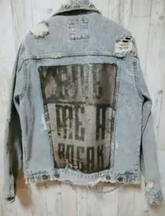 《ZARA MAN》M バックプリント ダメージ加工 デニムジャケット