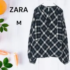 ザラ チェック柄 ノーカラーシャツ 羽織り 古着　モノトーン　春