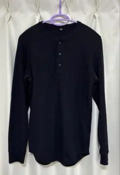 ユニクロ ワッフルヘンリーネックTシャツ/長袖 サーマル ブラック S