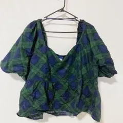オールドネイビー ブラウス パフスリーブ チェック XL 緑 紺 綿 お出かけのサムネイル