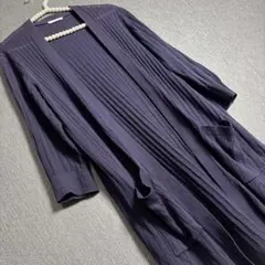 CINEMA CLUBリブニットカーディガンロング丈 パープル M 七分袖羽織り