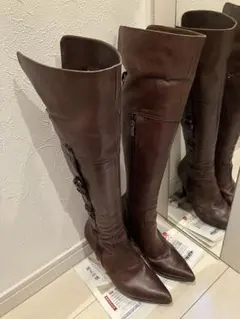 ブラウンレザーニーハイブーツ 高ヒール 本革