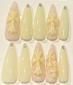 ネイルチップ♡イエロークロスネイル×レース ちゅるんネイル ワンホン 春夏