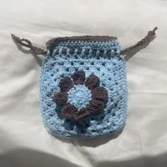 ハンドメイド 水色 花モチーフポーチ