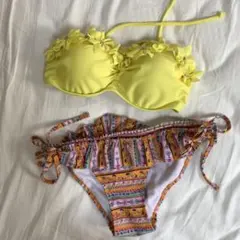 水着 バンドゥー　フラワー　ビキニ 3way S 黄色　フリル　ビジュー