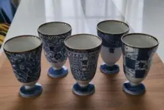 青色模様の陶器製酒器5個セット