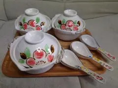 【新品・未使用品】 雑炊土鍋セット&レンゲ　(3客)のサムネイル