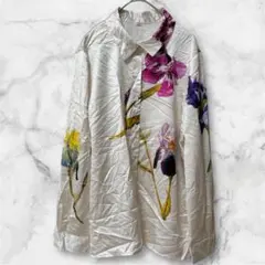 派手 大判花柄 アイリス 総柄シャツ テロテロ素材 光沢 ホワイト 白 S