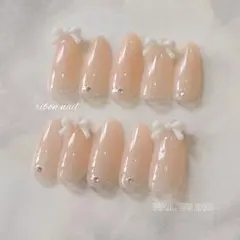 リボン　ネイルチップ オーダーネイルチップ　韓国　ワンホン　ちゅるん　スキン