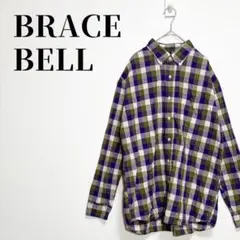 BRACE BELL　チェック柄ボタンダウンシャツ　長袖　パープル×グリーン　L