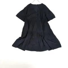 【ユニクロ】コットンティアードミニワンピース/半袖『Ｌ』黒　シアー　フレア袖