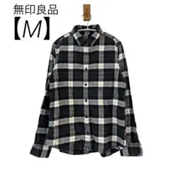 0239 無印良品チェック柄シャツ長袖白黒モノトーンMサイズ羽織りのサムネイル