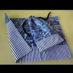 地図柄とストライプのリバーシブル 給食袋セット ハンドメイド