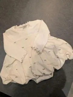 【美品】petit main リボン刺繍 長袖ワンピース ホワイト 80