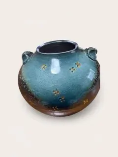 陶器製 花瓶 青緑色と茶色
