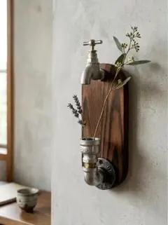 インダストリアル　スチームパンク デザイン　一輪挿し　木製　花器　試験管　花瓶