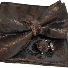 蝶ネクタイ チーフ カフス セット ブラウン ペイズリー 結婚式 披露宴 茶色