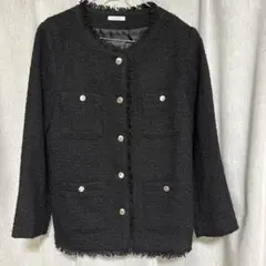 ハニーズ　ツイードノーカラージャケット 黒 Sサイズ フリンジ仕上げのサムネイル