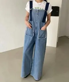 リツコ様　デニムブルー ワイドレッグオーバーオール　サロペット