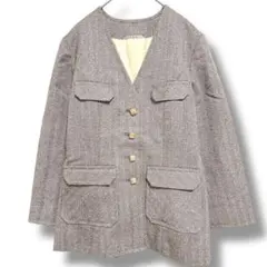 ノーカラージャケット グレージュ F 木調ボタン レトロ ヴィンテージ風