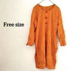 【F】 オレンジ色 長袖 シャツワンピース チュニック ワンピース スリット入