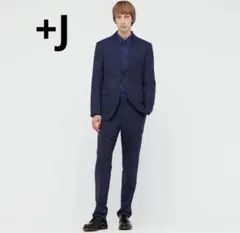 美品】UNIQLO ＋J ウール ストライプ ネイビー スーツセットアップ L 