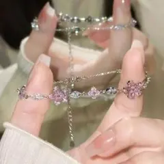 上品ピンク花モチーフチェーンストーンブレスレットホワイトデー誕生日プレゼントにも