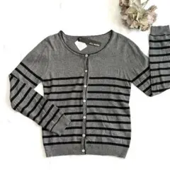 新品タグ付★グレー ブラックボーダー カーディガン カシミヤ混 Lsize