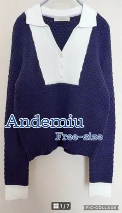 Andemiu ポロニットVネックホワイトネイビー ぽこぽこ長袖ニット フリーのサムネイル