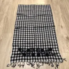 黒白チェック　柄刺繍　ストール　花