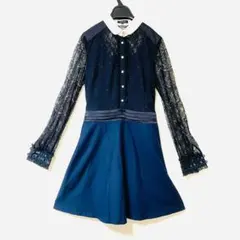 【美品】ラブレス 長袖 ドット ドッキング ワンピース36 S レース ネイビーのサムネイル