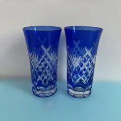 青色クリスタルカットグラス2個セット　ペアグラス