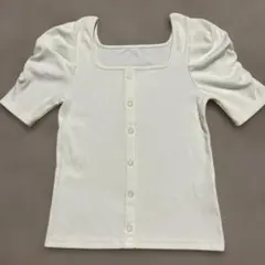 スクエアネックスリムリブパフスリーブ 半袖 ニット トップス 白色 Mサイズ