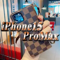 手帳型 iPhone15ProMax チェック柄 茶 カバー iPhoneケース