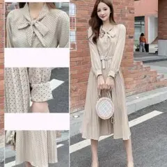 プリーツワンピース 　ベルト　リボン　ワンピース　プリーツ　ワンピ