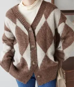 discoat 起毛アーガイルカーディガン　ブラウン
