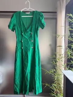 グリーン Vネック ロングドレス XS