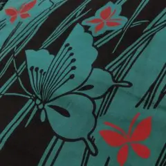 ヴィンテージ 綿　浴衣　鮮やか青緑に蝶々