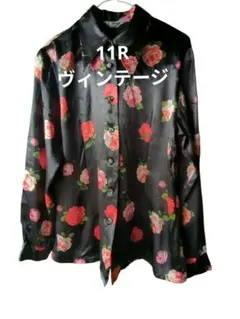 黒地赤花柄サテン長袖シャツ 11R ヴィンテージ