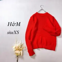エイチアンドエム ニット長袖 リブ編み クルーネック【XS】赤 メンズ kd34