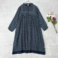 長袖フレアワンピース　インド製　コットン　ネイビー系　象模様　シアー袖