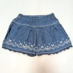 90★メゾピアノ★裾レース付き！リボン＆ハート刺繍！デニムキュロットスカート★