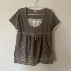 水玉　フェアリーグランジ　森ガール　レトロ　古着 ブラウン 花柄　半袖Tシャツ