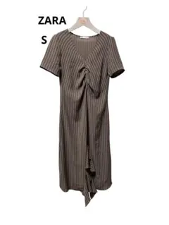ZARA ストライプ シャーリングワンピース Vネック ブラウン S