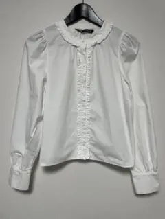【ザラ】フリルシャツ（M）バンドカラー ギャザー ブラウス シンプル 白 綿