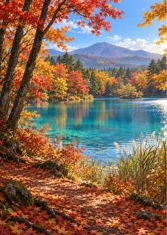 【イラスト】紅葉の湖畔と山々 アートポスター